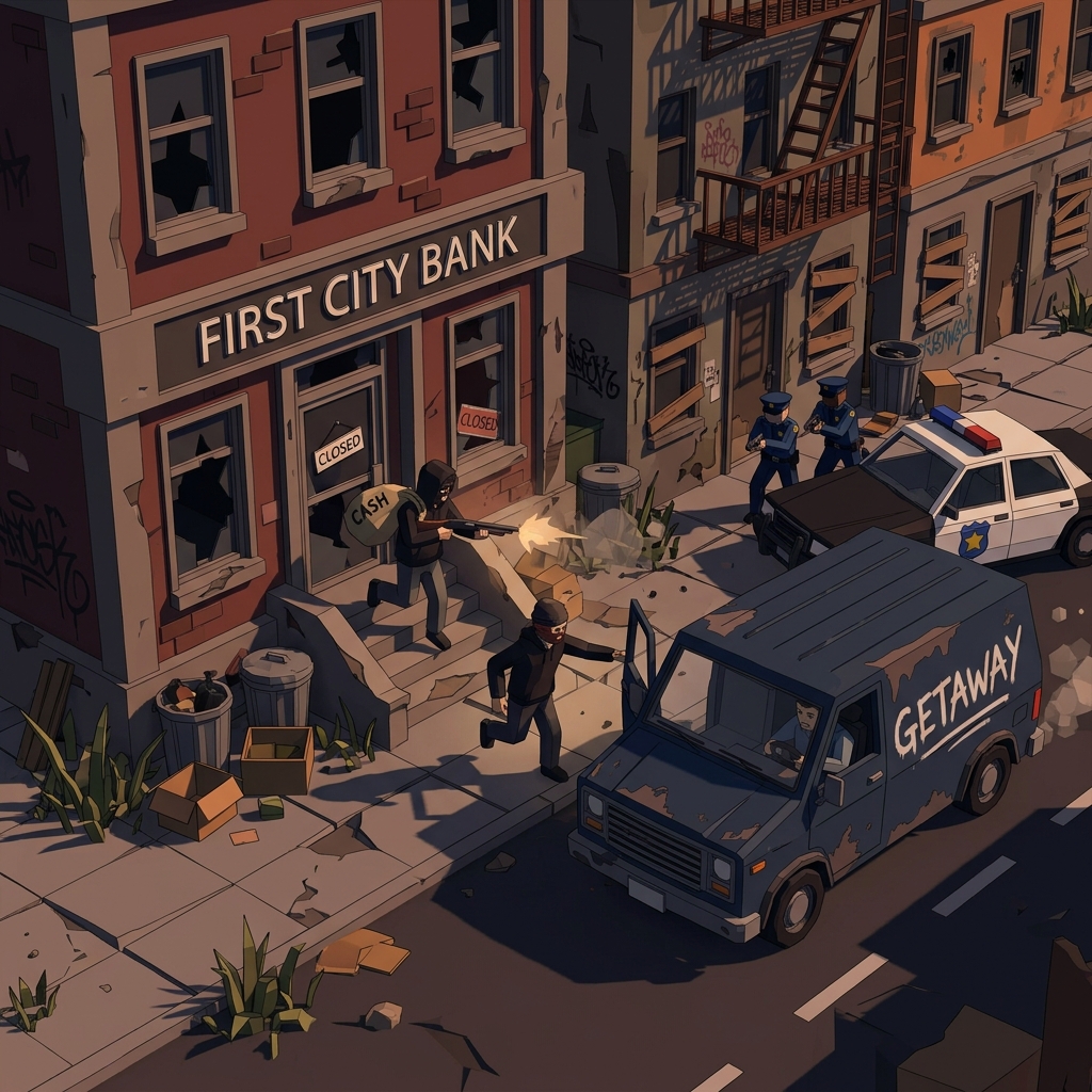 A dramatic bank robbery in progress